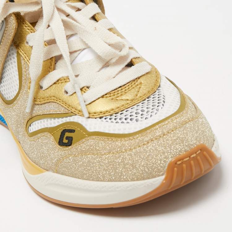 Pre Owned Gucci Cream/Metallic Leather and Glitter Ultrapace Low Top Sneakers Size 36.5