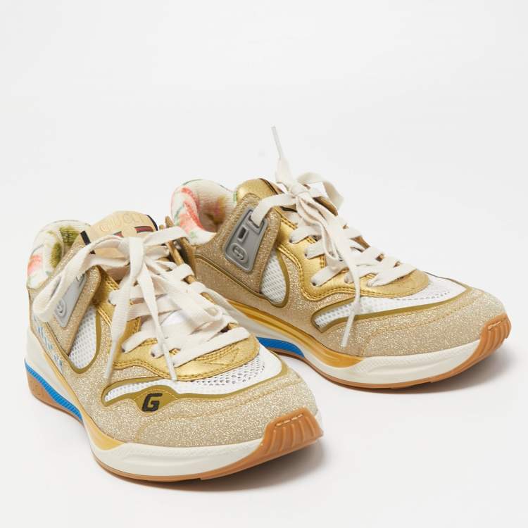 Pre Owned Gucci Cream/Metallic Leather and Glitter Ultrapace Low Top Sneakers Size 36.5