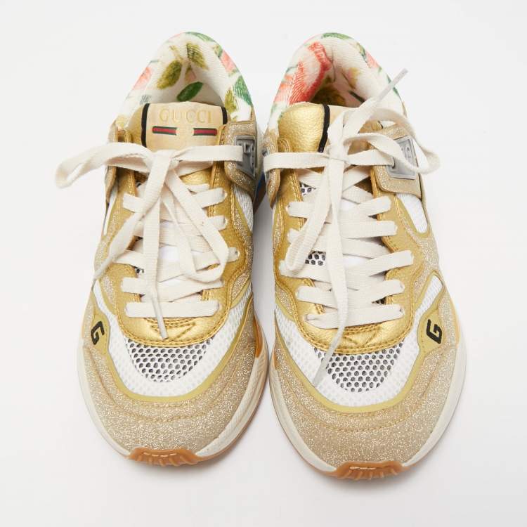 Pre Owned Gucci Cream/Metallic Leather and Glitter Ultrapace Low Top Sneakers Size 36.5