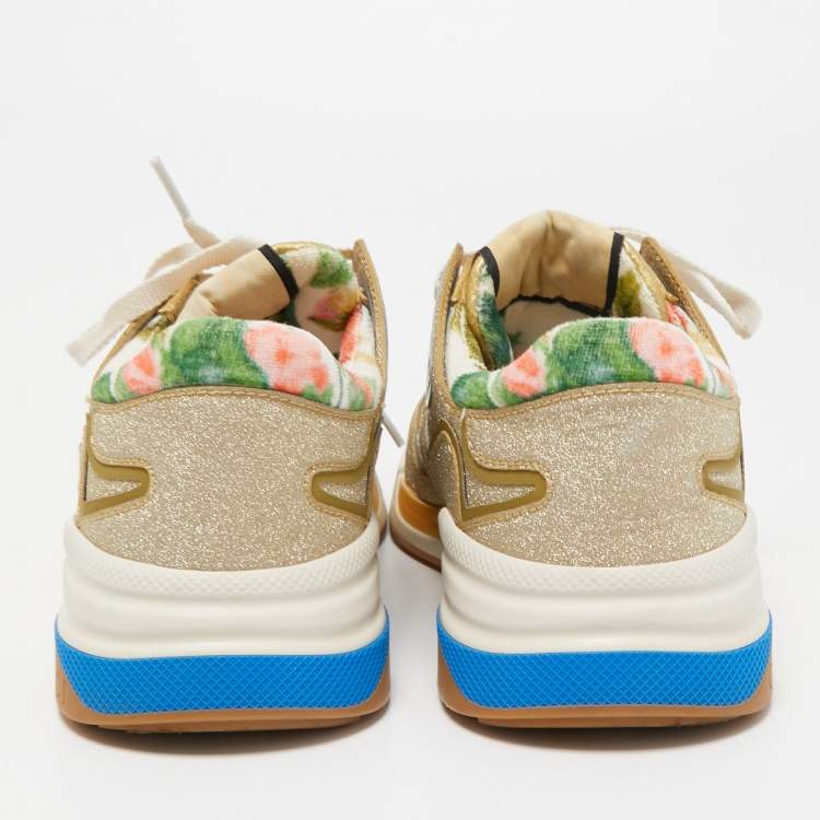 Pre Owned Gucci Cream/Metallic Leather and Glitter Ultrapace Low Top Sneakers Size 36.5