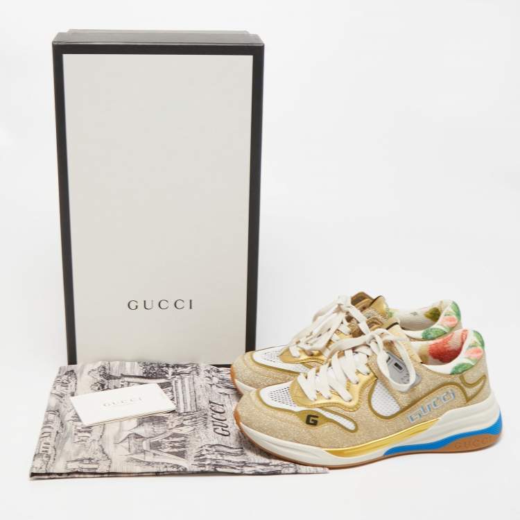 Pre Owned Gucci Cream/Metallic Leather and Glitter Ultrapace Low Top Sneakers Size 36.5