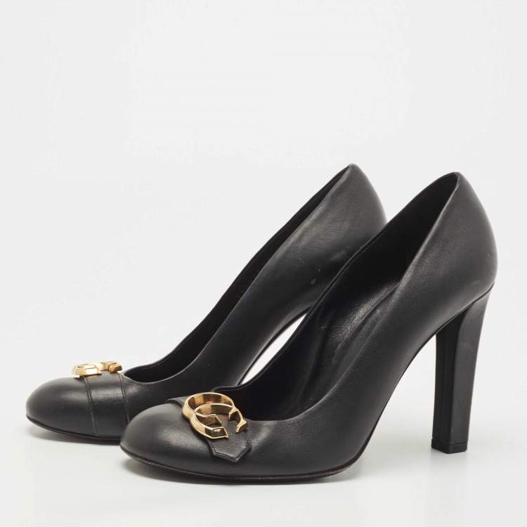 Pre Owned Gucci Black Leather GG Interlocking Pumps Size 38.5