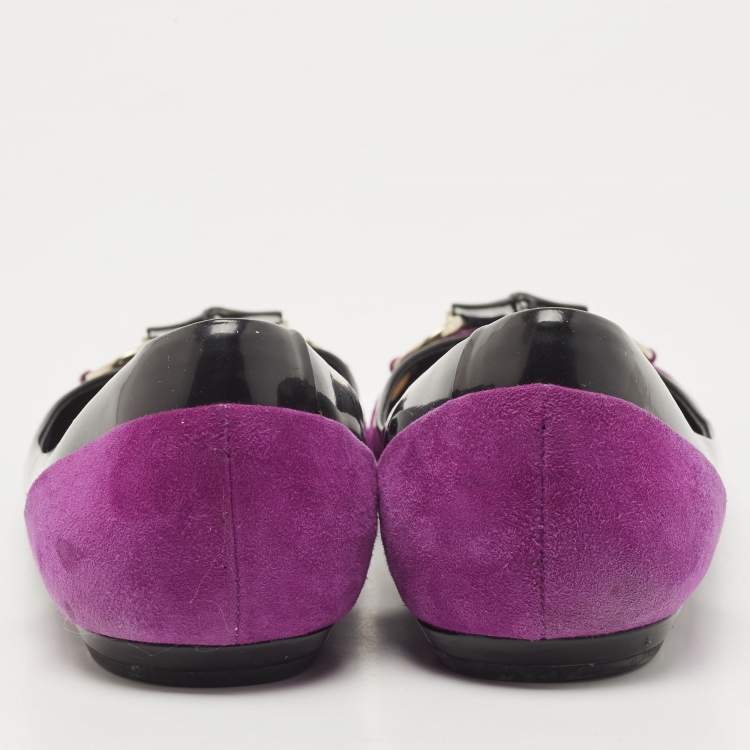 Pre Owned Gucci Purples/Black Patent Leather And Suede Bamboo Horsebit Ballet Flats Size 39.5