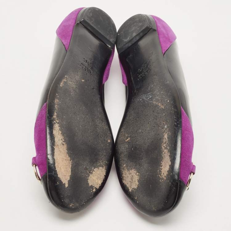 Pre Owned Gucci Purples/Black Patent Leather And Suede Bamboo Horsebit Ballet Flats Size 39.5
