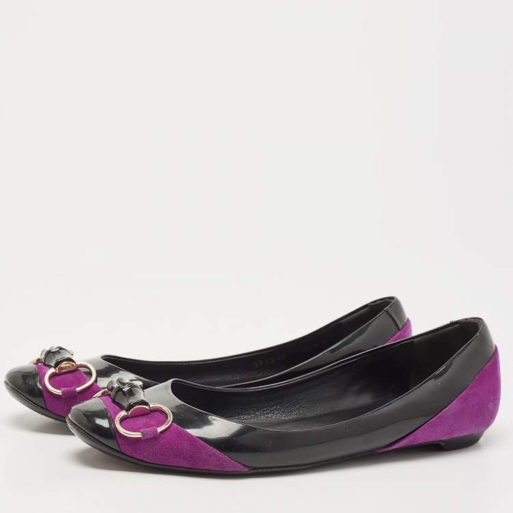 Pre Owned Gucci Purples/Black Patent Leather And Suede Bamboo Horsebit Ballet Flats Size 39.5