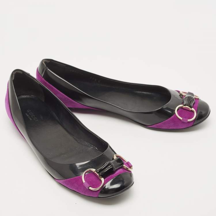 Pre Owned Gucci Purples/Black Patent Leather And Suede Bamboo Horsebit Ballet Flats Size 39.5