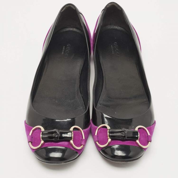 Pre Owned Gucci Purples/Black Patent Leather And Suede Bamboo Horsebit Ballet Flats Size 39.5