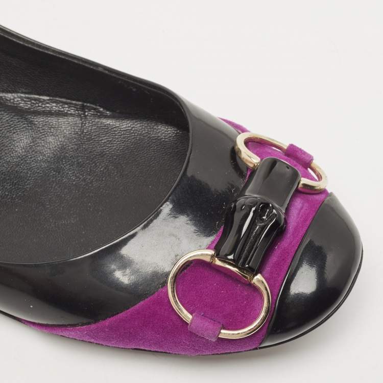 Pre Owned Gucci Purples/Black Patent Leather And Suede Bamboo Horsebit Ballet Flats Size 39.5