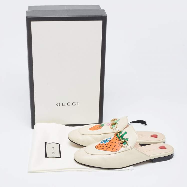 Pre Owned Gucci White Leather Princetown Horsebit Flat Mules Size 37.5