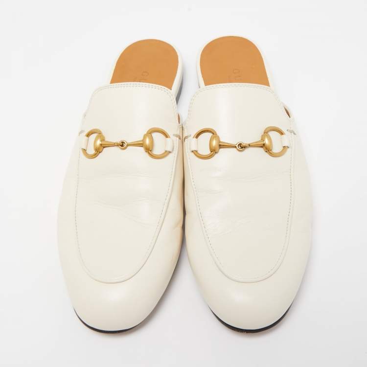 Pre Owned Gucci White Leather Princetown Horsebit Mule Sandals Size 35.5