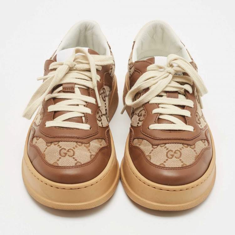 Pre Owned Gucci Brown/Beige GG Canvas And Leather Low Top Sneakers Size 35.5