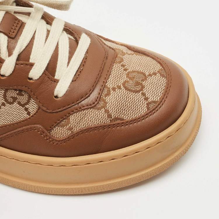 Pre Owned Gucci Brown/Beige GG Canvas And Leather Low Top Sneakers Size 35.5