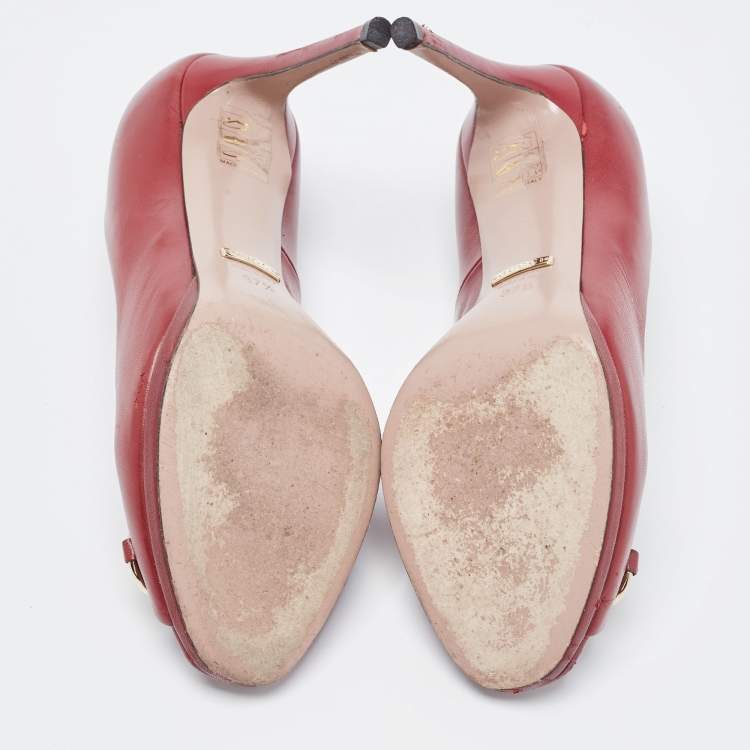 Pre Owned Gucci Burgundy Leather Jolene Peep Toe Pumps Size 37.5