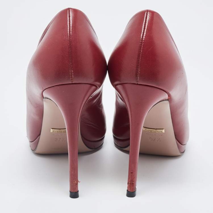 Pre Owned Gucci Burgundy Leather Jolene Peep Toe Pumps Size 37.5