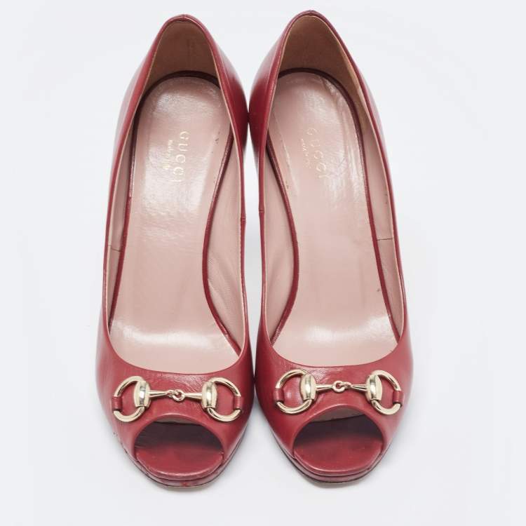 Pre Owned Gucci Burgundy Leather Jolene Peep Toe Pumps Size 37.5