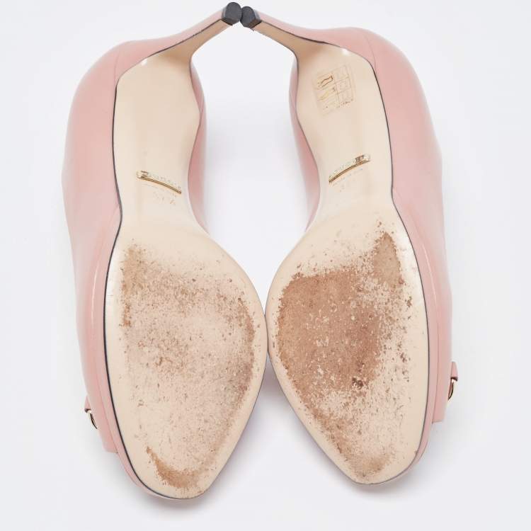 Pre Owned Gucci Pink Leather Jolene Horsebit Peep Toe Pumps Size 37.5