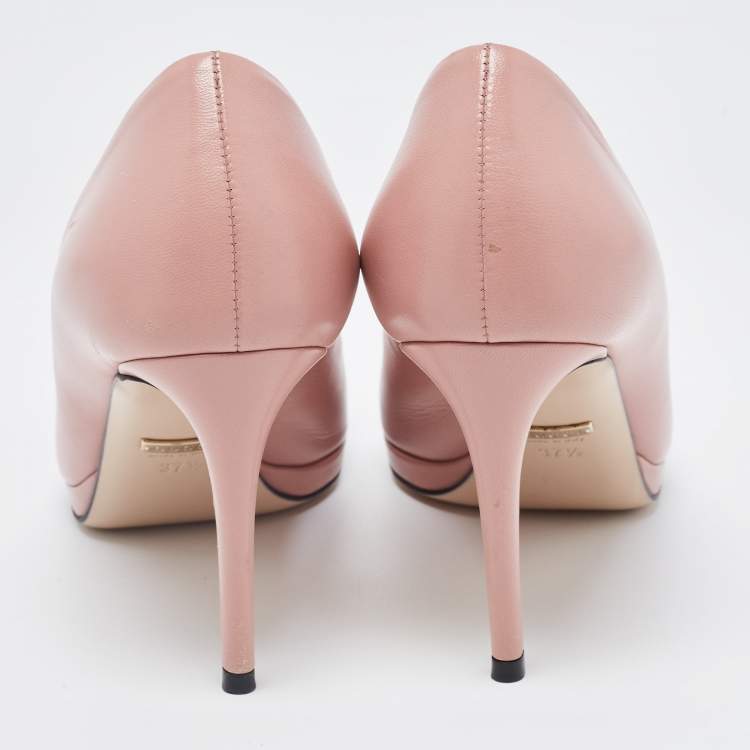 Pre Owned Gucci Pink Leather Jolene Horsebit Peep Toe Pumps Size 37.5