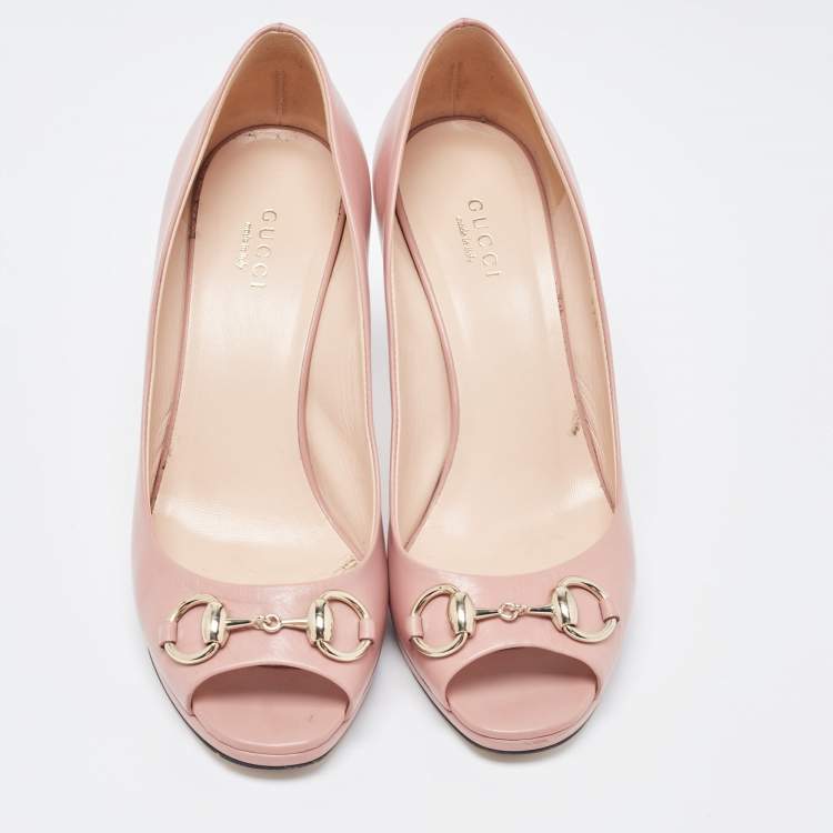 Pre Owned Gucci Pink Leather Jolene Horsebit Peep Toe Pumps Size 37.5