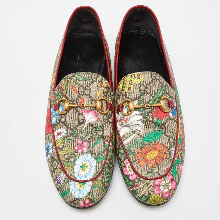 Pre Owned Gucci Multicolor Floral Print GG Supreme Canvas Jordaan Loafers Size 38