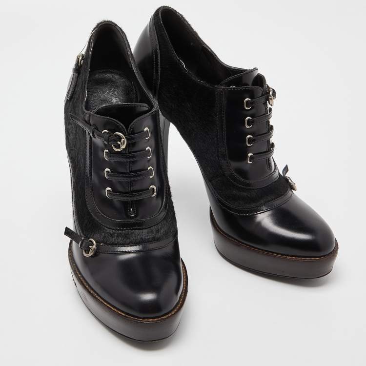Pre Owned Gucci Black Leather and Calf Hair Buckle Detail Platform Ankle Booties Size 38.5