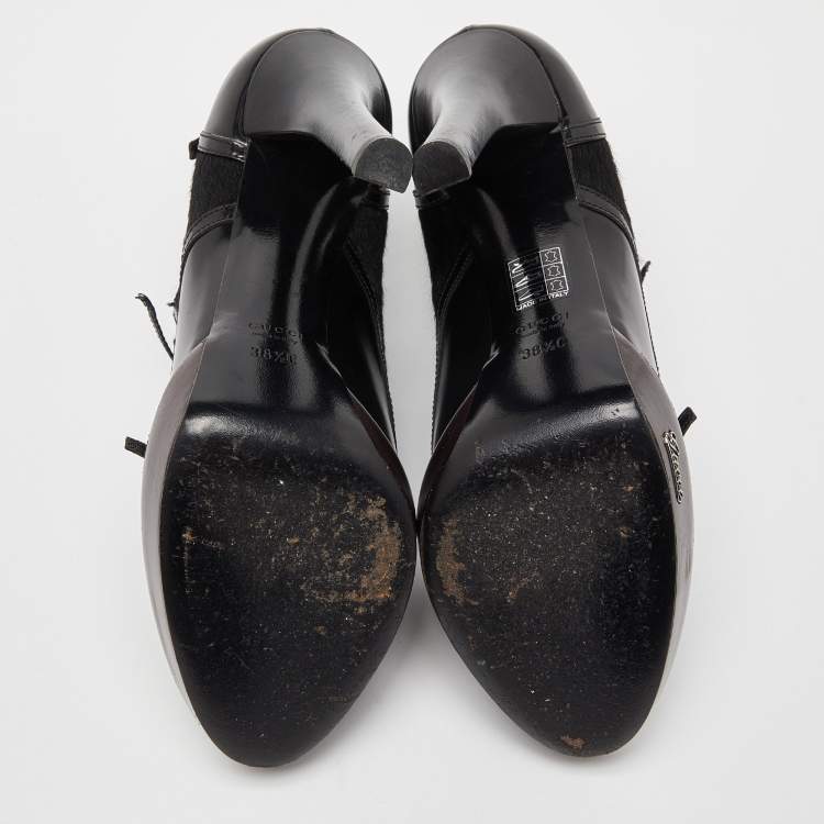 Pre Owned Gucci Black Leather and Calf Hair Buckle Detail Platform Ankle Booties Size 38.5