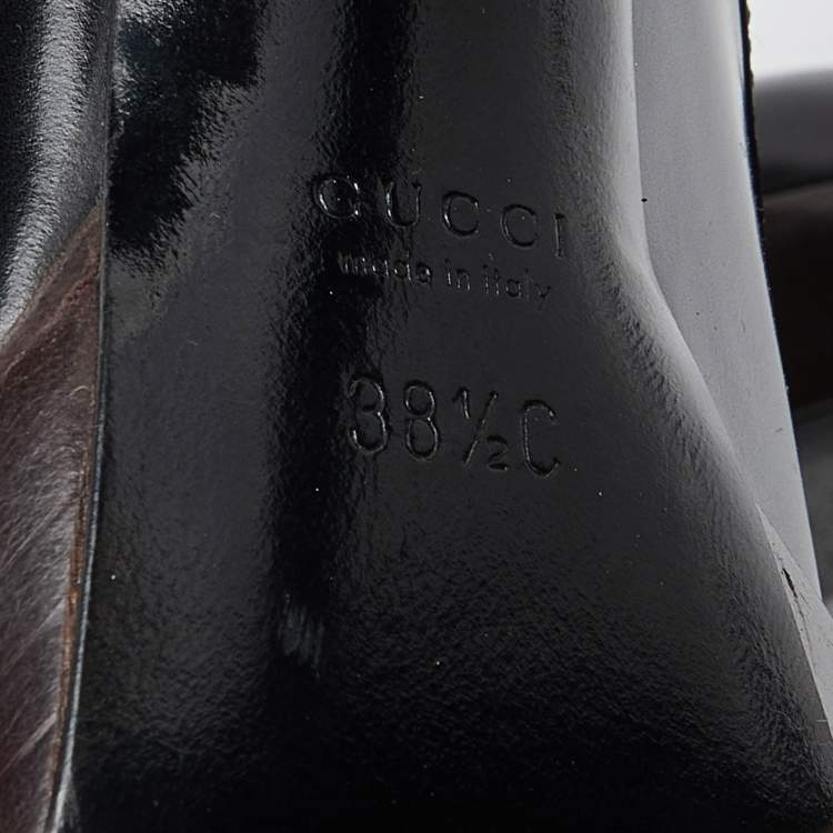 Pre Owned Gucci Black Leather and Calf Hair Buckle Detail Platform Ankle Booties Size 38.5