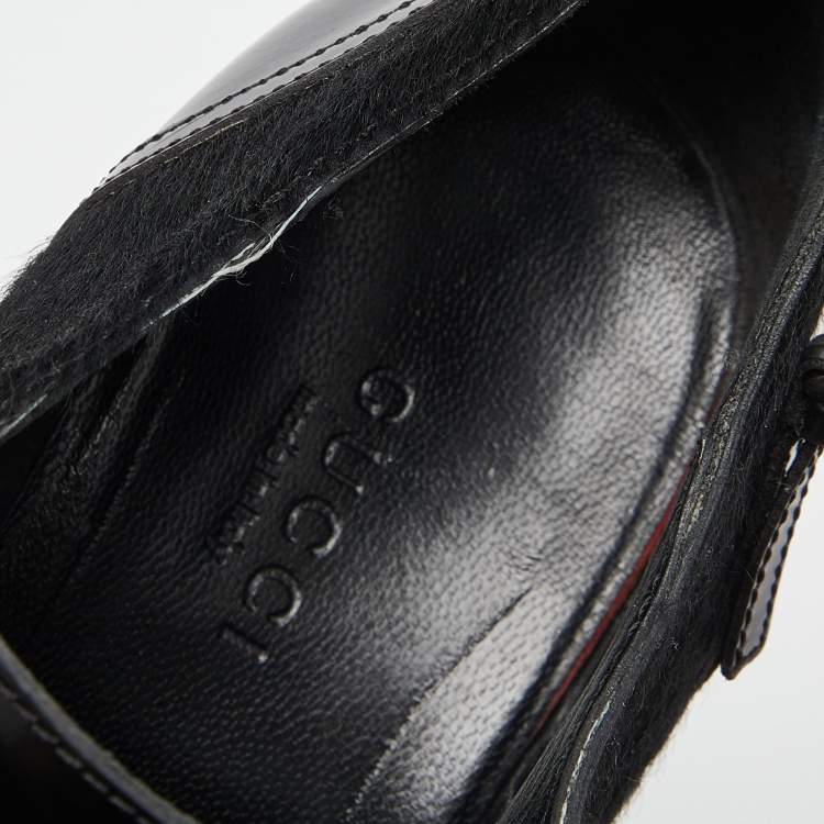 Pre Owned Gucci Black Leather and Calf Hair Buckle Detail Platform Ankle Booties Size 38.5
