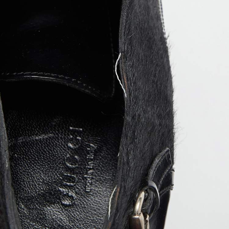 Pre Owned Gucci Black Leather and Calf Hair Buckle Detail Platform Ankle Booties Size 38.5