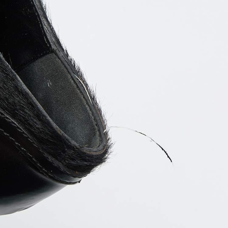 Pre Owned Gucci Black Leather and Calf Hair Buckle Detail Platform Ankle Booties Size 38.5