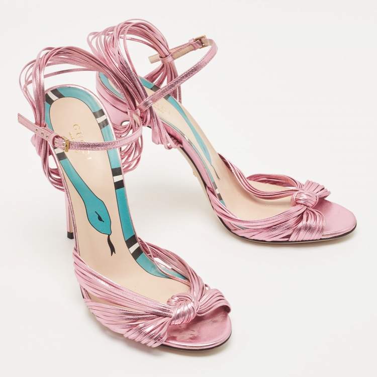Pre Owned Gucci Metallic Pink Leather Allie Ankle Strap Sandals Size 39