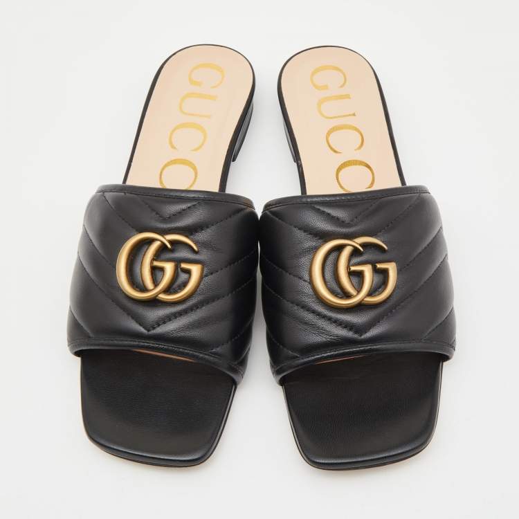 Pre Owned Gucci Black Leather Jolie G Logo Slides Size 38.5 