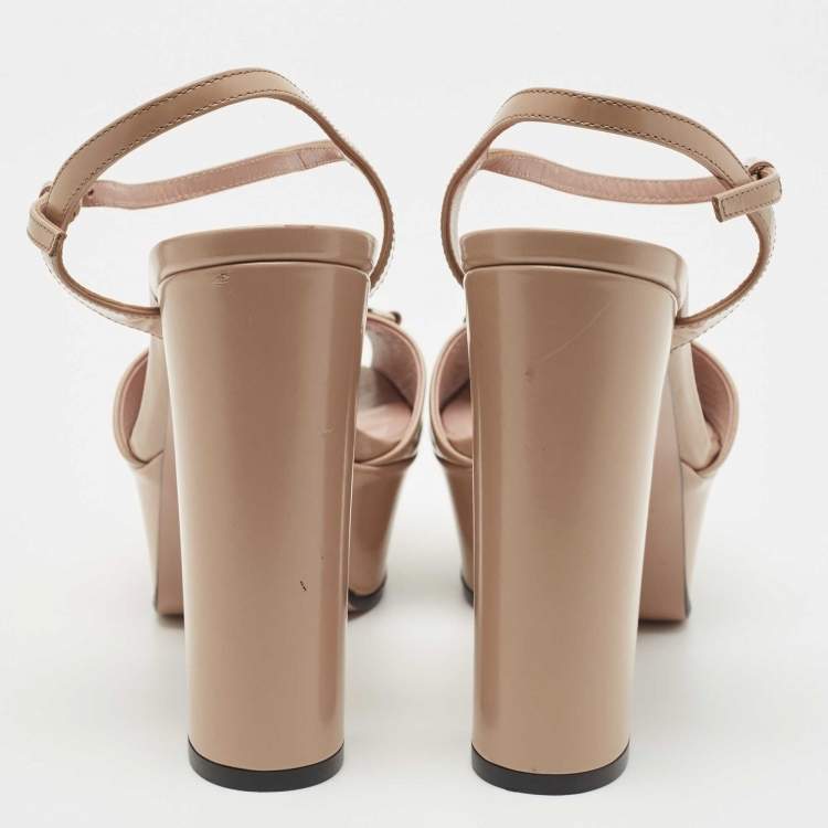 Pre Owned Gucci Beige Leather Claudie Horsebit Peep Toe Platform Sandals Size 35.5