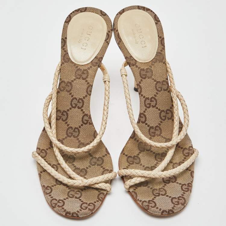 Pre Owned Gucci Cream Braided Leather Cross Strap Slide Sandals Size 38.5