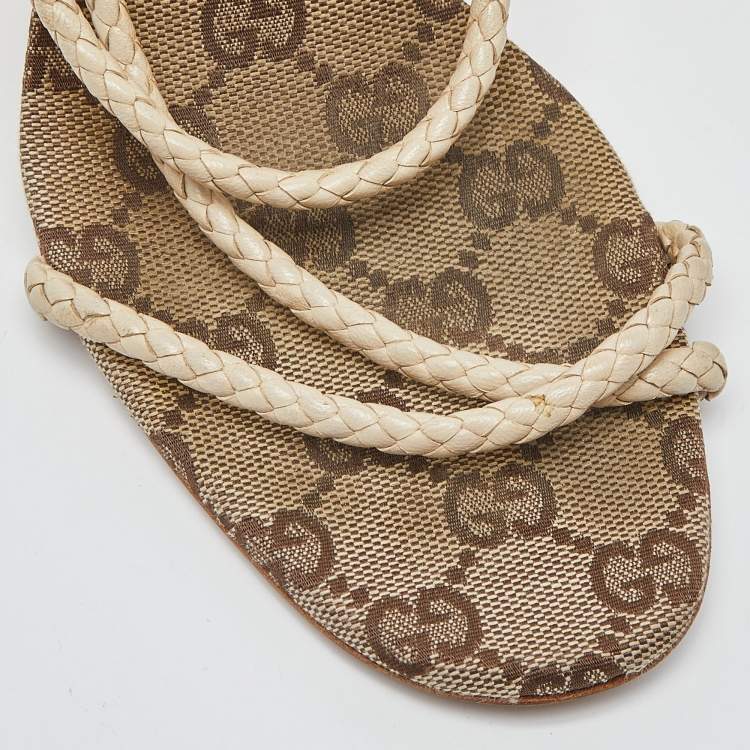 Pre Owned Gucci Cream Braided Leather Cross Strap Slide Sandals Size 38.5