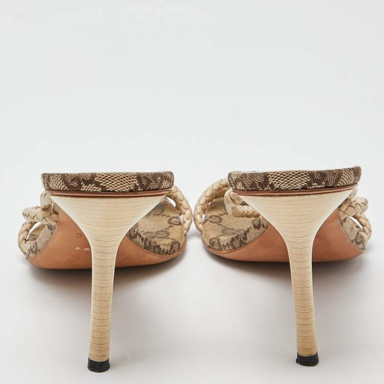 Pre Owned Gucci Cream Braided Leather Cross Strap Slide Sandals Size 38.5
