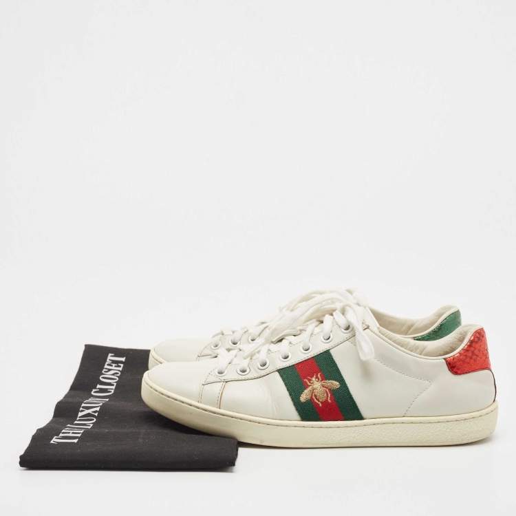 Pre Owned Gucci White Leather Embroidered Bee Ace Sneakers Size 37.5