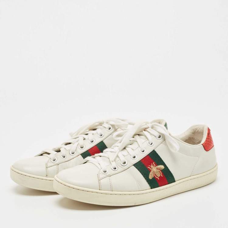 Pre Owned Gucci White Leather Embroidered Bee Ace Sneakers Size 37.5