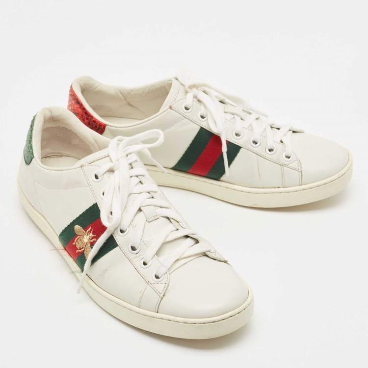 Pre Owned Gucci White Leather Embroidered Bee Ace Sneakers Size 37.5