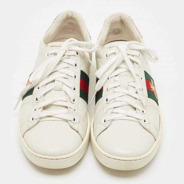 Pre Owned Gucci White Leather Embroidered Bee Ace Sneakers Size 37.5