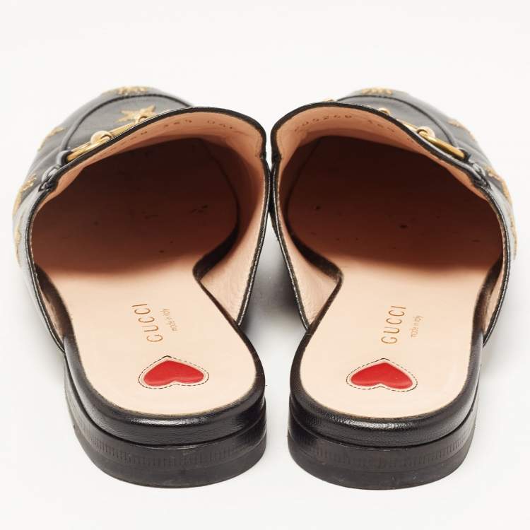 Pre Owned Gucci Black Leather Star and Bee Embroidered Princetown Mules Size 36.5
