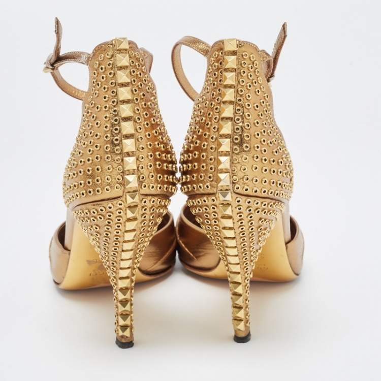 Pre Owned Gucci Metallic Gold Leather Ankle Strap Pumps Size 38.5    