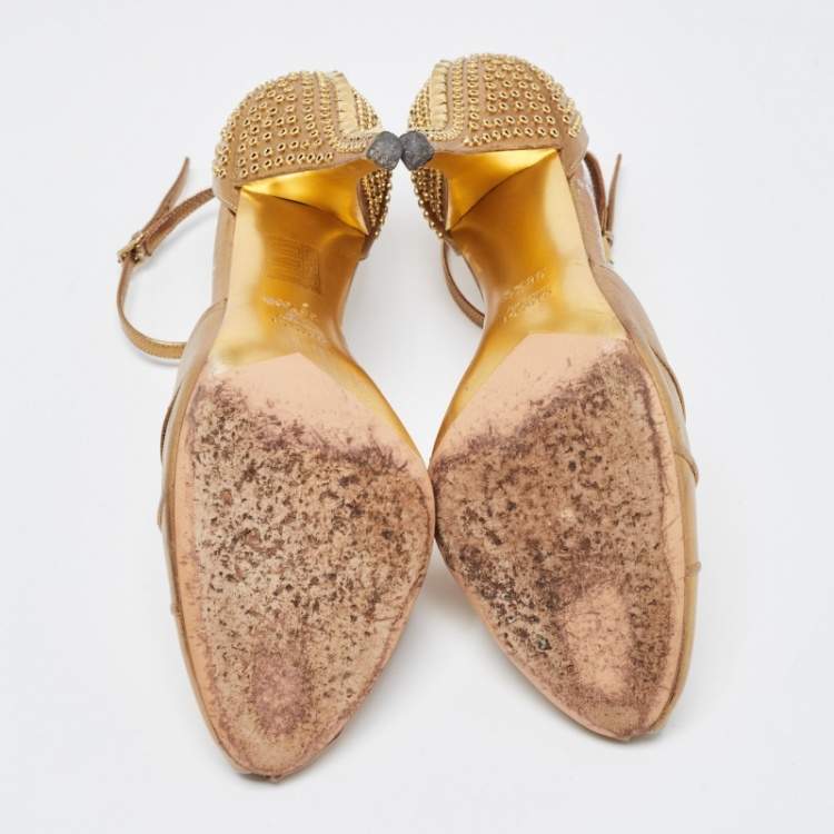 Pre Owned Gucci Metallic Gold Leather Ankle Strap Pumps Size 38.5    