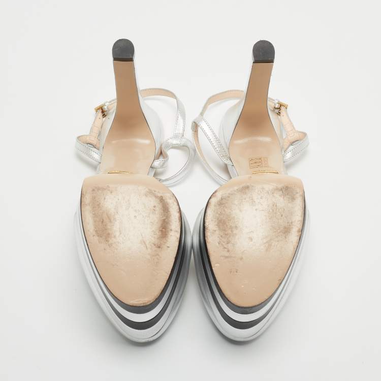Pre Owned Gucci Silver Leather Angel Platform Ankle Strap Sandals Size 41