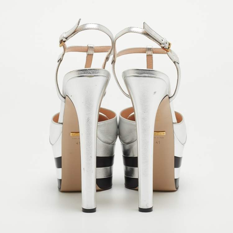 Pre Owned Gucci Silver Leather Angel Platform Ankle Strap Sandals Size 41