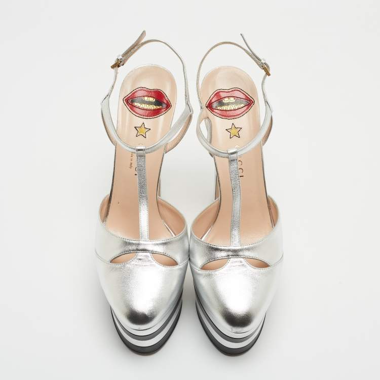 Pre Owned Gucci Silver Leather Angel Platform Ankle Strap Sandals Size 41