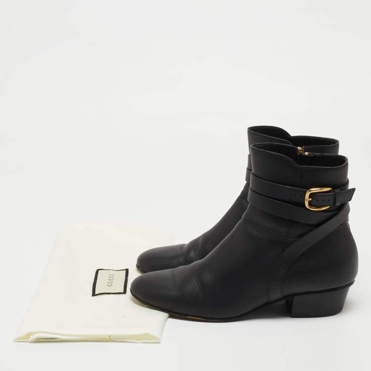 Pre Owned Gucci Black Leather Buckle Detail Ankle Booties Size 36.5