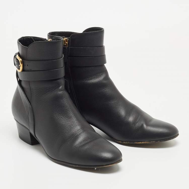 Pre Owned Gucci Black Leather Buckle Detail Ankle Booties Size 36.5