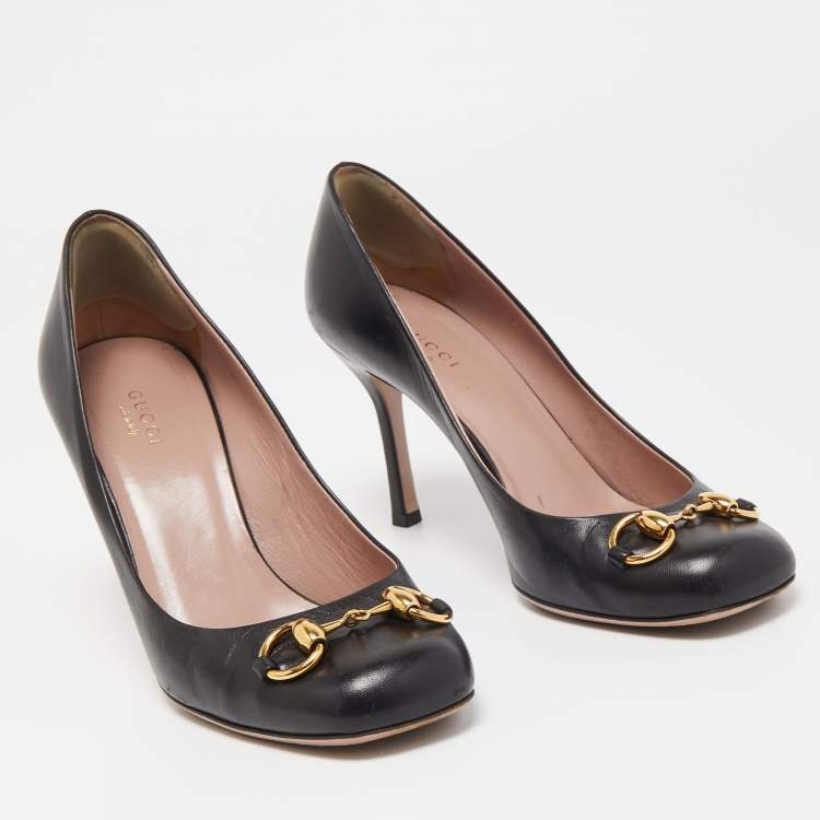 Pre Owned Gucci Black Leather Horsebit Square Toe Pumps Size 38