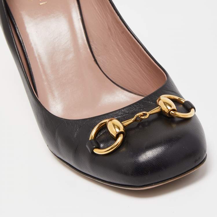 Pre Owned Gucci Black Leather Horsebit Square Toe Pumps Size 38