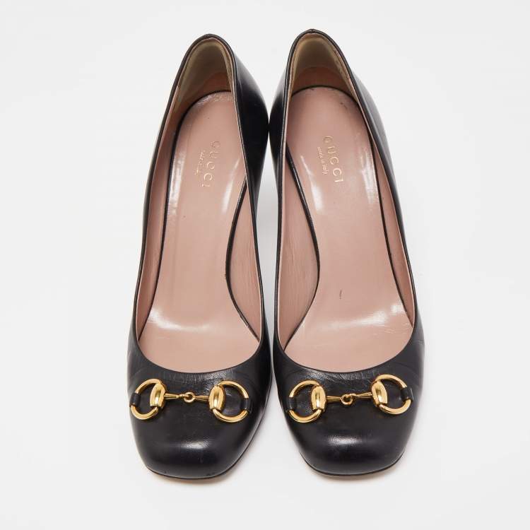 Pre Owned Gucci Black Leather Horsebit Square Toe Pumps Size 38